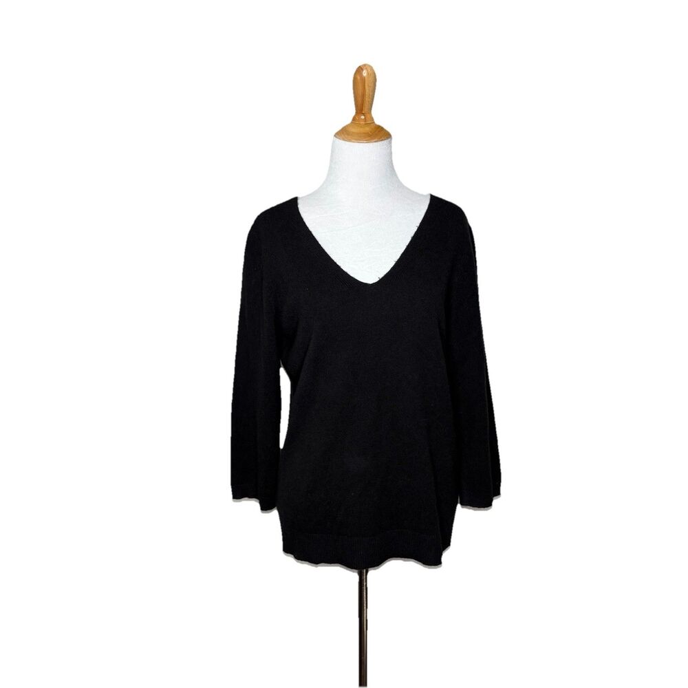 Talbots Black Pure Cashmere V Neck 3/4 Sleeve Sweater Womens Size Medium Flaws